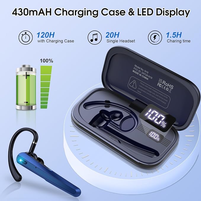 Bluetooth Headset V5.3, Wireless Headset with ENC Noise Canceling Mic, 120Hrs Talk Single-Ear Bluetooth Earpiece, LED Display, IP7 Waterproof Hand-Free Earphone for Business/Trucker/Driver, Dark Blue