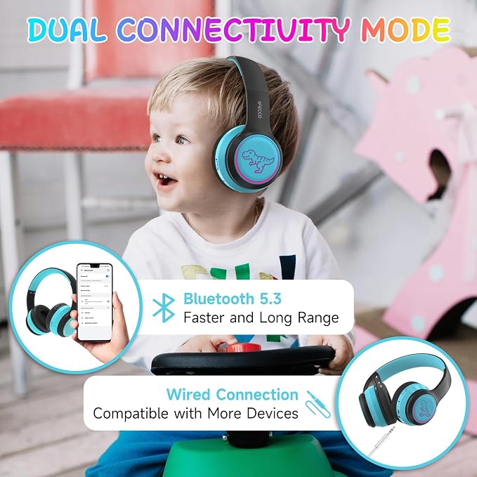 IFECCO Wireless Kids Boys Headphones with Microphone,Cute Light Up Dinosaur Children Boys Bluetooth Headphones with Case for School Travel Gifts