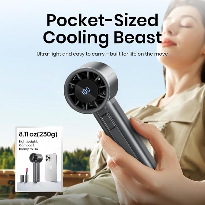 Portable Handheld Turbo Fan, 100 Speeds Adjustable Mini Personal Fan, 4500mAh USB-C Rechargeable Battery Operated, Digital Display, Ultra-Quiet & Durable for Travel, Office, Gym, Outdoor Black