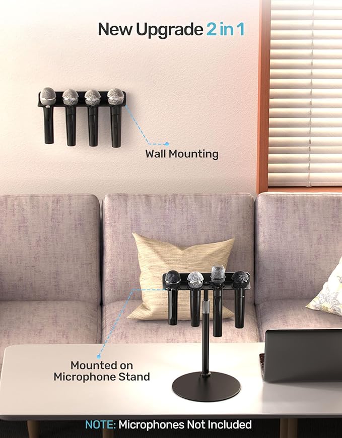 Multi Mic Holder with Mic Stand, Aluminum Desktop Microphone Holder Stand with Rubber Padding, Wall Mounted or Mount on Stand, Handheld Mics Storage for Podium, Stage, Church and Home Studio