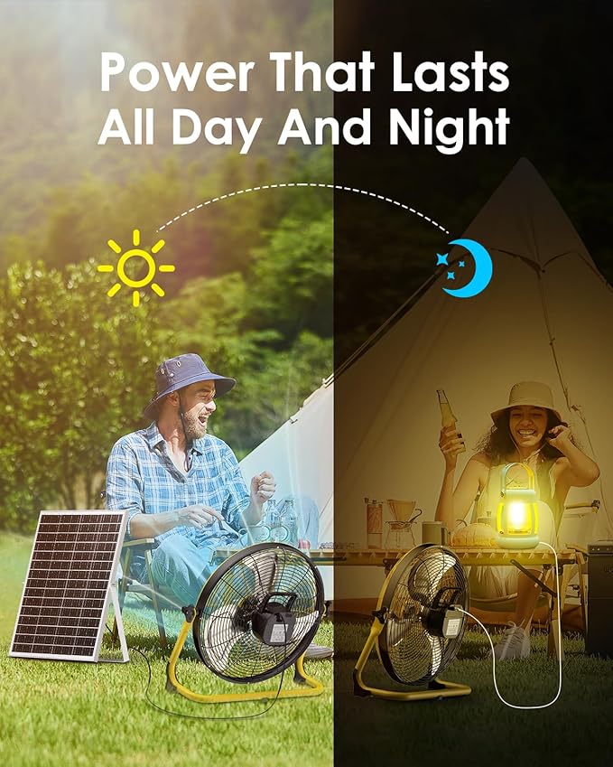 ZHULI 14" Solar Fan, Portable Battery Operated Solar Fans for Outside, Rechargeable Cordless Camping Fan, 30W Solar Panel, Hi-Velocity Brushless Motor, Metal Blade, USB Phone Charge, Quiet, Wireless