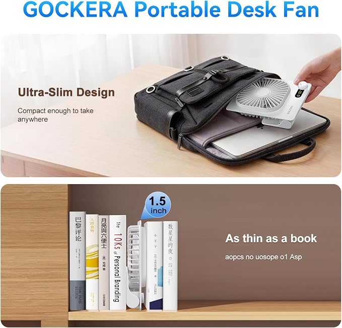 GOCKERA Desk Fan, 6.61''Ultra-thin Battery Powered Fan with Powerful Wind,100 Speeds Adjustable&Digital Display,Timer,Ultra-quiet Small Portable Fan for Bedroom,Office,Travel (White, 5000mAh)