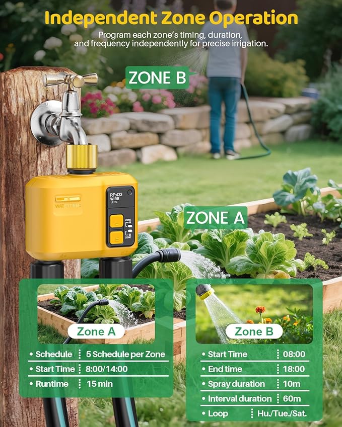 WiFi Water Timer 2 Zone for Garden Hose, Smart Sprinkler Timer with 984ft RF Range, Brass Inlet, APP/Voice Control, Rain Delay, Automatic/Manual Irrigation