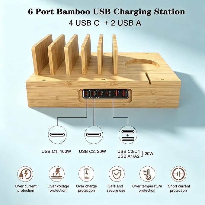 PD 100W Charging Station for Multiple Devices,6 Port USB Bamboo Charging Station Organzier with Detachable 15W 3 in 1 Wireless Charger Station for iPhone Android Apple Watch AirPod Tablet
