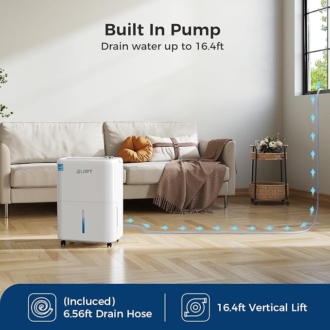 80 Pints Dehumidifier with Pump, Sijipt Energy Star Dehumidifier for Basement Home and Large Room with 6.56 inch Drain Hose, Auto-Shutoff 24H Timer, and Memory Starting | Energy Star, Built-in Pump Drains 16.4ft Vertically, 6.56ft Drain Hose, Auto Shut...