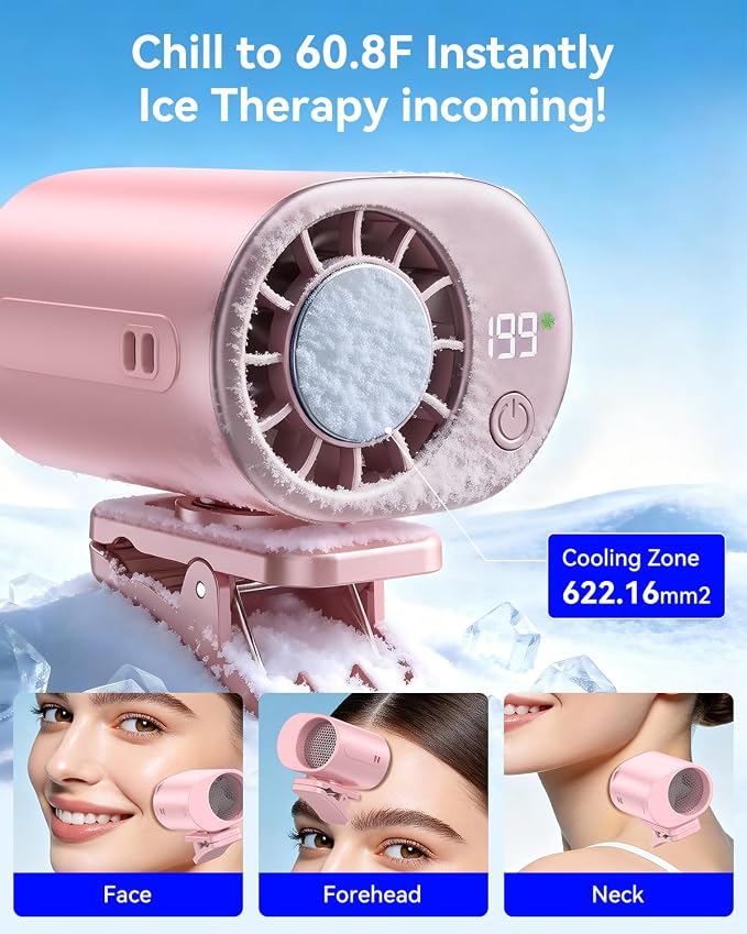 Clip-On Portable Fan with Ice Cooling, 20000 RPM Rechargeable Handheld Turbo Fan, 360° Rotating Detachable Clip, Mini Stroller Fan for Baby, Compact Travel Essentials, Summer Gifts for Women,Pink