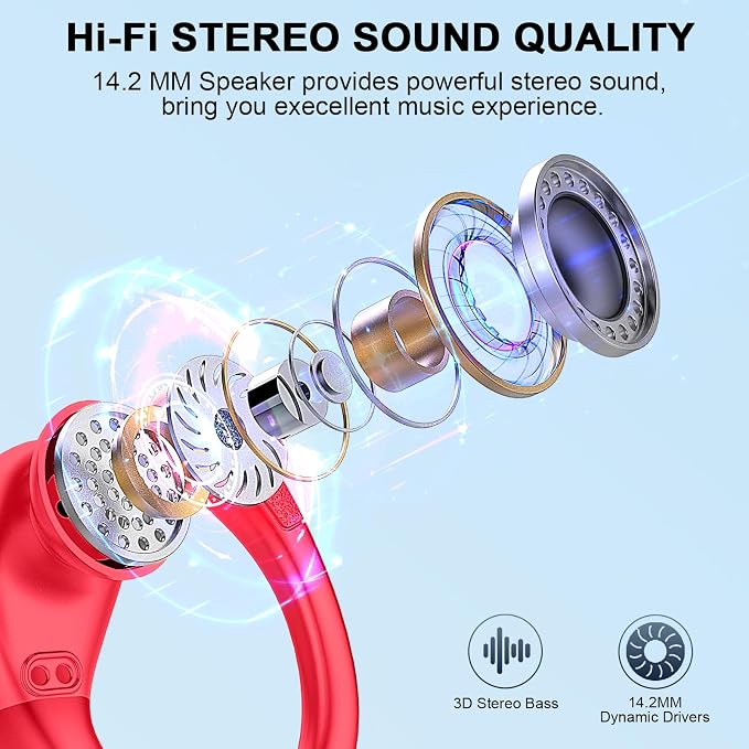 Ltinist Wireless Earbuds, 75hrs Bluetooth 5.4 Headphone Sport, Bluetooth Earbuds Deep Bass Over Ear Buds with Earhooks, ENC Noise Cancelling Earphone Mic, IP7 Waterproof for Workout/Running/Gym Red