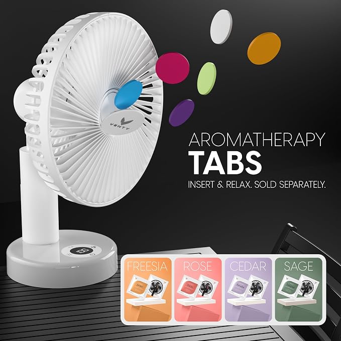 VENTY Portable Clip Fan - Rechargeable 10-Hour Battery Portable Fan - 360° Rotation & 90° Tilt - Stroller Fan, Desk Fan or Bedside Fan - Aromatherapy & LED Light - USB-C Cable & Carrying Pouch