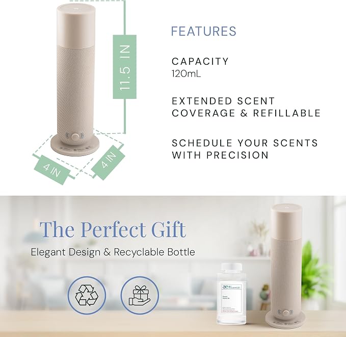 AE800 Tower Bluetooth Smart Diffuser with Santal Oil, A Warm Sandalwood & Cardamom Blend, Waterless Scent Machine for Home or Office, Large Room Coverage Up to 800 Sq. Ft.