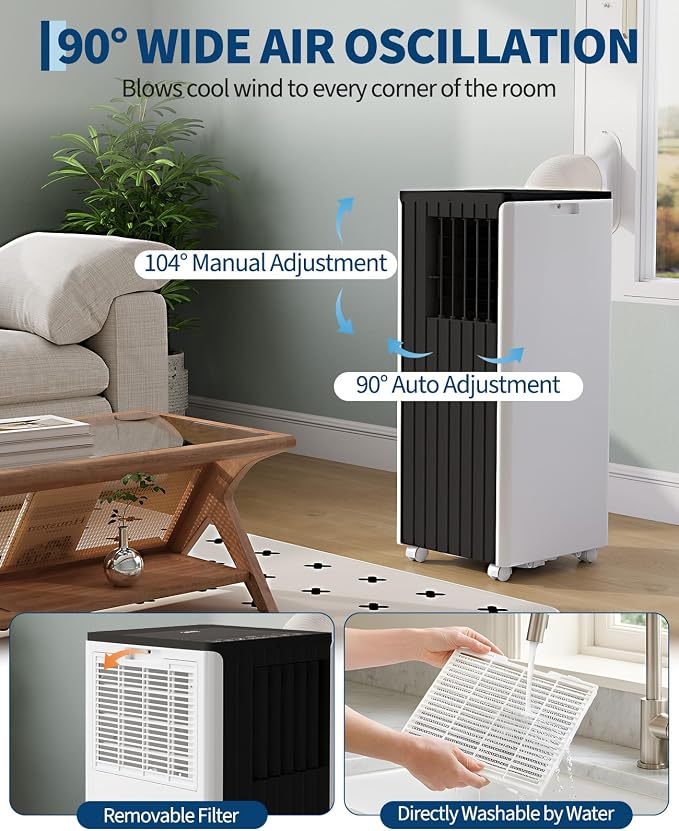 8000 BTU Portable Air Conditioner - 3 in-1 AC Unit Cools 350 Sq. Ft Rooms, Quiet 50 dB Operation w/Touch Control & Remote, Window Kit & 24H Timer, Dehumidifier & Fan Modes for Bedroom, Black Top