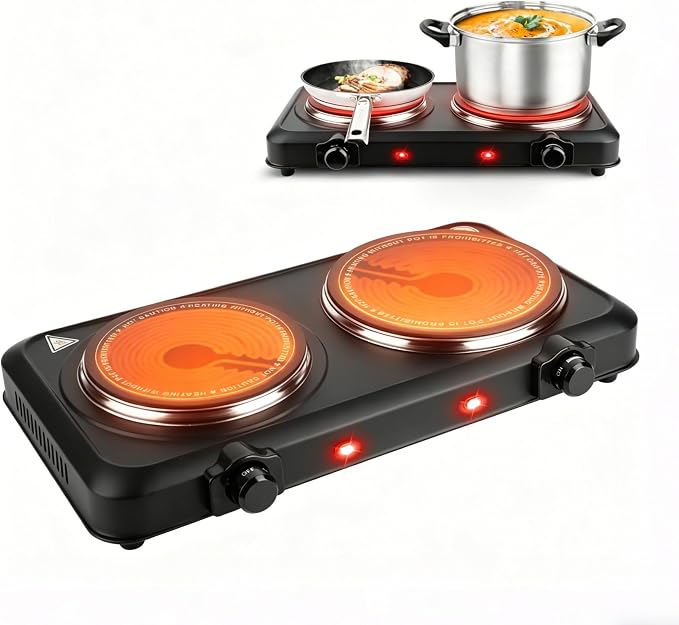 2000W Hot Plate,Portable Electric Stove Countertop Double Burner Infrared Burner with 7.5” & 6.3” Ceramic Glass Cooktop Stepless Temperature Adjustments for Home RV Camp