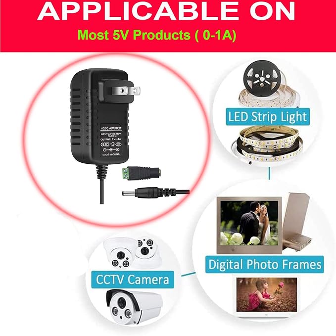 Power Supply, 5V Power Transformers, AC 100-240V to DC 5V 1A Power Supply LED Adapter, 5 Watt Max, for LED Strip Neon Rope String Lights, Computer Project, Recorder, TV Screen
