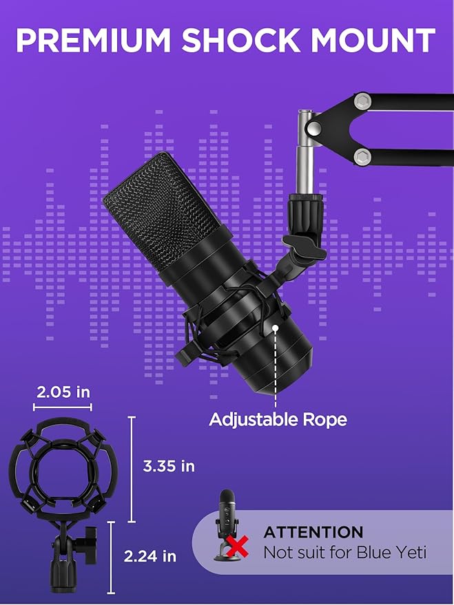 InnoGear Microphone Stand Mic Boom Arm for Blue Yeti HyperX QuadCast S SoloCast Snowball Fifine K669B and other Mic, with Shock Mount Windscreen Pop Filter Mic Clip Holder Cable Ties, Medium