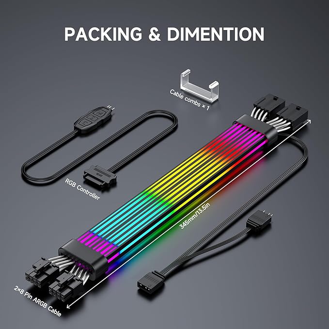 Sirlyr RGB PC Cables,Strimmer 2 * 8 pin PSU Extension Cable,5V 3Pin Sync ARGB,for Graphic Card Power Supply,Computer Case Decoration Black Style
