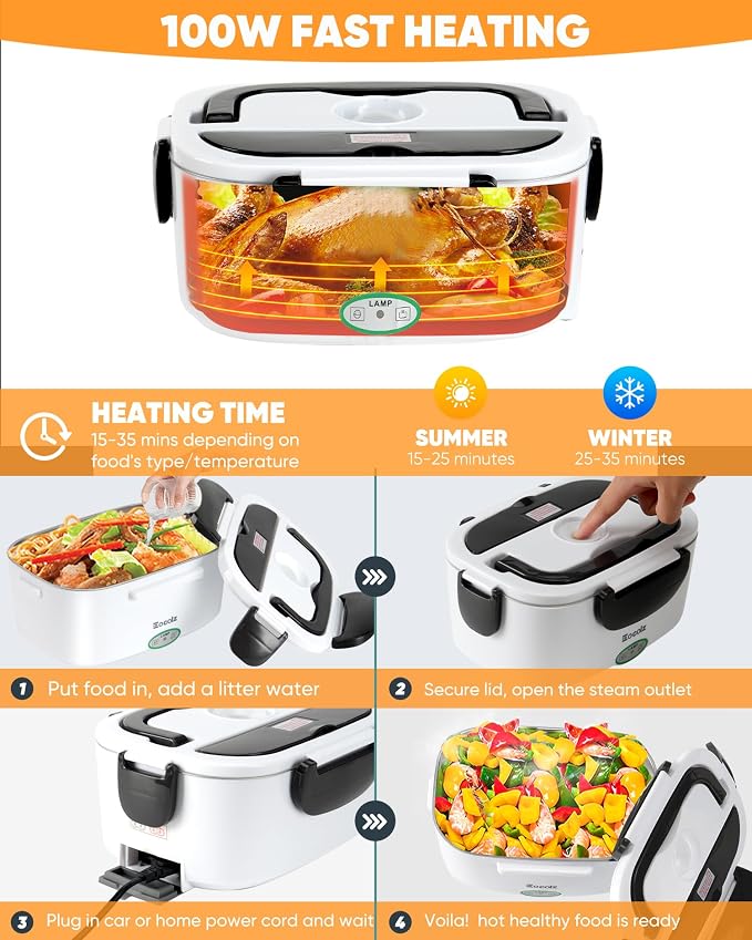 Eocolz Electric Lunch Box Food Heater 60-80W for Adults, Portable Food Warmer Heated Lunch Box for Car Truck Work with 1.5L Stainless Steel Container Fork & Spoon 12/24/110V Lonchera Eléctrica