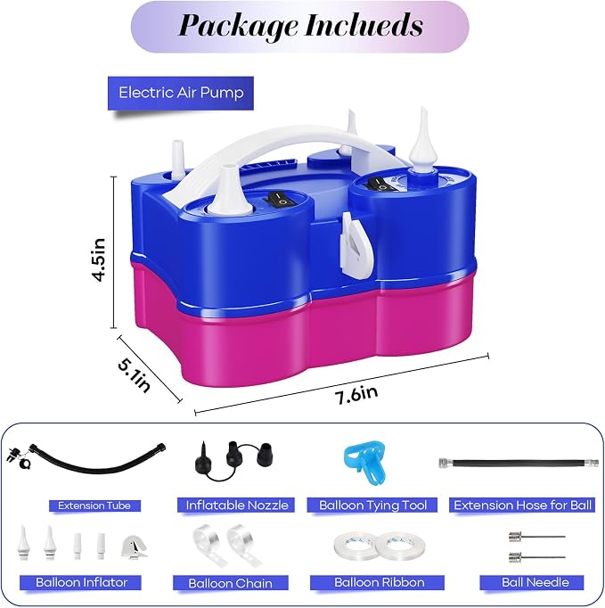 Togvu Electric Balloon Pump, 3-in-1 Portable Air Pump for Inflatables and Balloons, Dual Nozzle Balloon Blower Machine for Latex 260q Foil Balloons 110V Inflator Deflator for Pool Floats Air Mattress
