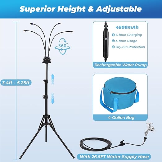 5.25FT Portable Misting Cooling System - Use with Pump or Directly to Faucet, with 4500mAh Rechargeable USB Pump, 26.5FT Hose, 4-Gallon (15L) Water Bag, Misters for Patio, Camping, Pool, Garden