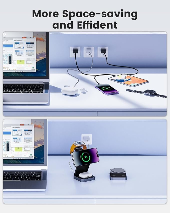 3 in 1 Wireless Charging Station Magnetic Wireless Charger,Portable Foldable Travel Essential with Nightlight Fast Charger Stand for iPhone 17 Pro Max/17 Pro/17Air/17/16/15/14/13,AirPods&Apple Watch