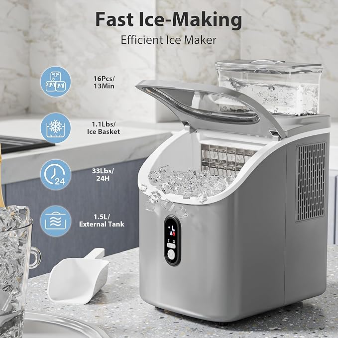 Electactic Countertop Ice Cube Maker Machine with External Water Tank,16Pcs/5Mins,34Lbs/Day,2 Ways to Add Water,Portable Compact Small Ice Maker with Self-Cleaning,Perfect for Home/Kitchen/Camping/RV