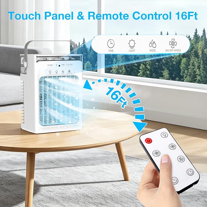 Portable Air Conditioners, 3-1 Mini AC Unit with Remote, 4 Speeds Small Air Cooler With 2 Mist Modes, 2 Cooling Modes,Timer,7 Lights, USB Powered Cooling Fan for Bedoom Car Camping Office