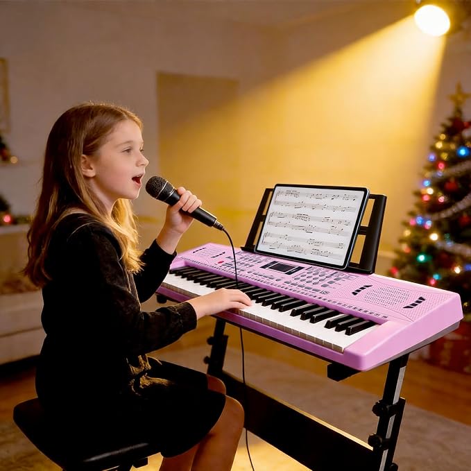 61 Key Keyboard Piano, Digital Kids Piano Keyboard with Stand, Gift for Early Education Children, Pink