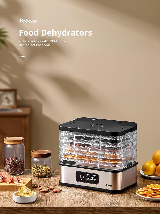 Yabano Food Dehydrator Machine for Home Use, 250W Electric Dryer with Adjustable Timer & Temperature Control, 5 Trays - Digital Presets for Fruit, Meat, Herbs, Jerky