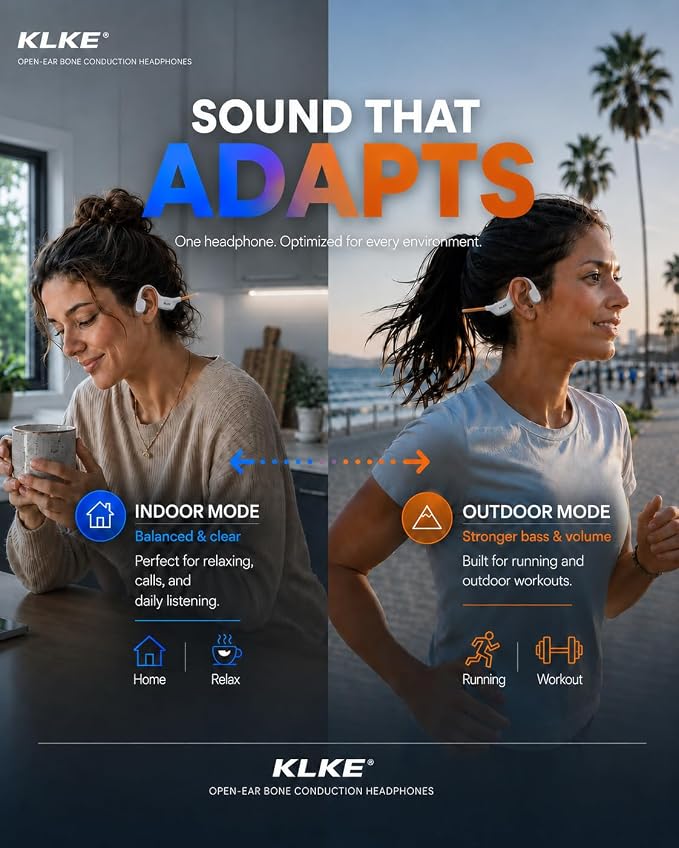 Open-Ear Bone Conduction Headphones for Running, Bluetooth Sports Headphones with Rear Safety Light, Dual Modes, Adjustable Fit, IP66 Waterproof, Mic, 10H Playtime for Gym Cycling