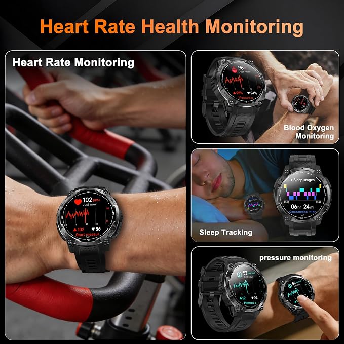 Rugged Military Smart Watch for Men with GPS, 1.43'' AMOLED Fitness Tracker Watch with Bluetooth Call/Flashlight/Compass, 170+ Sports Modes Waterproof Mens Smartwatch for Android iPhone