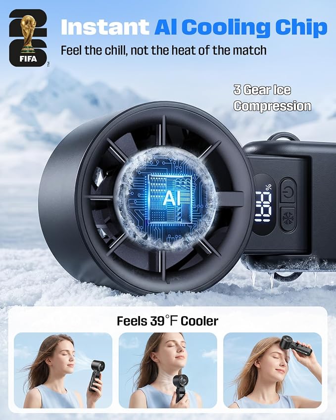 FIFA World Cup 2026 Portable Handheld Fan with Cooler, 1-199 Strong Wind Turbo Fan Rechargeable, 150° Adjustable, 13500RPM 3600mAh, Gift for Football Fanatic, Outdoor (Color) |Official Licensed