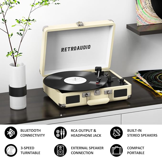 Vinyl Record Player with Built-in Speakers 3-Speed Vintage Record Player Bluetooth Portable Suitcase Turntable Belt-Driven LP Player Support RCA Output and Headphone Output (Creamy White)
