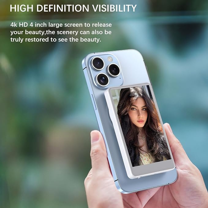 Vlog Selfie Monitor Screen for Phone, Rear Camera for Selfie Vlog Live Stream, Magnetic Mount Wireless Connection Compatible with iPhone (NOT Support 17)