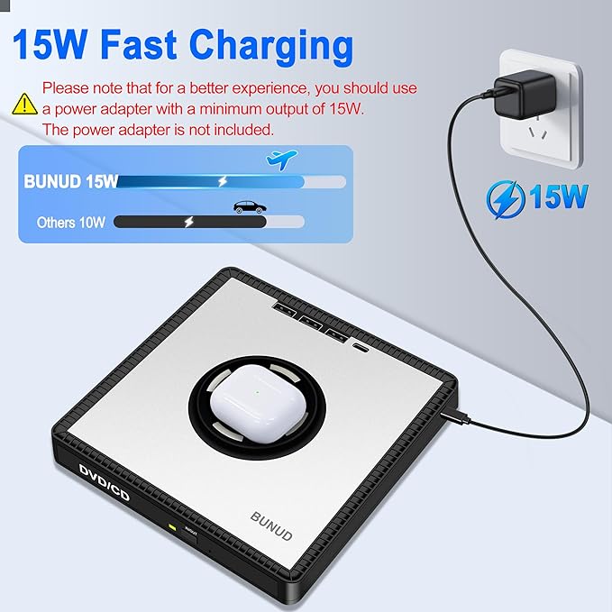 BUNUD External CD/DVD Drive for PC: DVD Burner with 15W Fast Wireless Charger for AirPods 4 3 2 Pro - External DVD Player for Laptop Mac Apple Windows with SD/TF/3 USB Ports