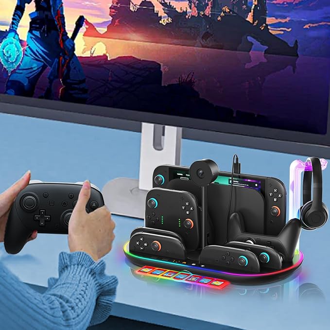 Charging Station for Switch 2 with Cooling Fan DOBEWINGDELOU Controller Charger for JoyCons and Pro Dock Stand with RGB Light 2 USB Ports 7 Game Card Slots LED Indicators