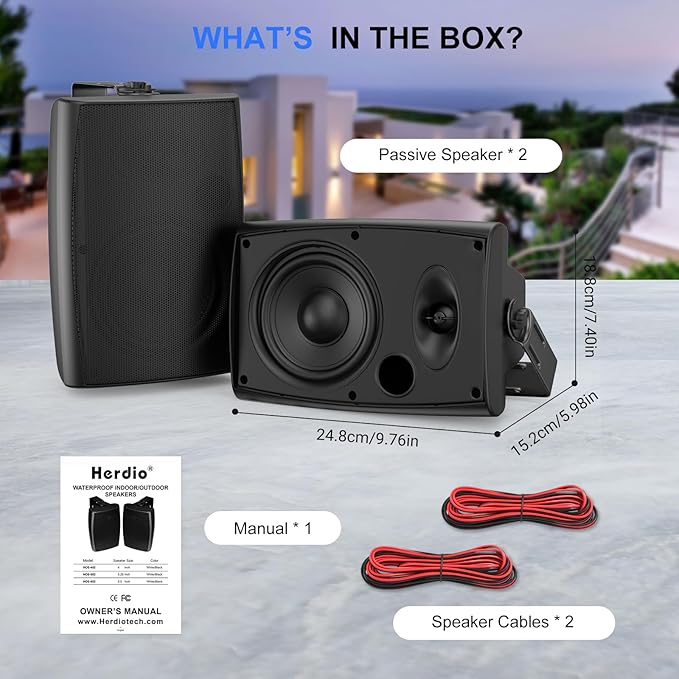 Herdio 5.25" Passive Outdoor Speakers Waterproof Wired, 300W Wall Mount Speakers with Superior Sound,Dual Swivel Brackets for Patio/Deck/Backyard (Pair, Black)