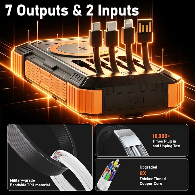 Solar Power Bank 49800mAh 22.5W QC3.0 Fast Charging Built in 4 Cables andNymzixt Solar Power Bank 20000mAh Portable Charger Built-in 3 Cables and Wireless Charging