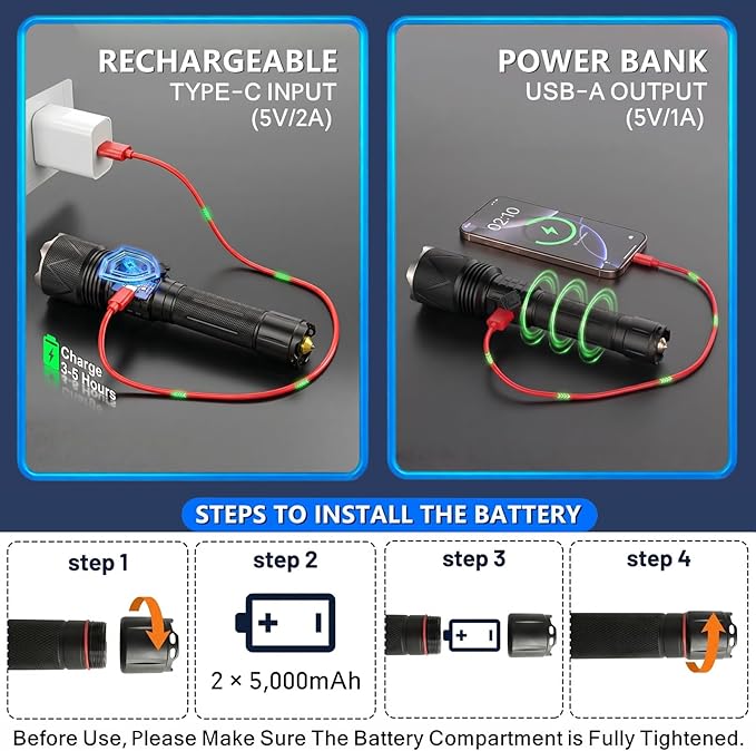 Rechargeable Tactical Flashlight 10,000 High Lumens with USB Output | 70W XHP360 LED Super Bright Zoomable Flashlight, 1,968FT Long Range, IP67 Waterproof for Emergency, Outdoor Camping & Hunting
