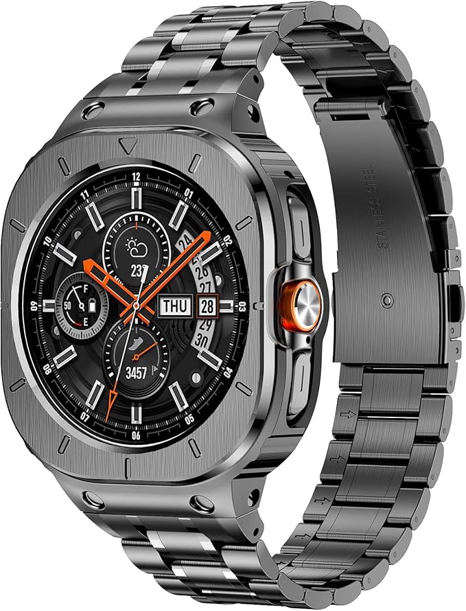 BAITEYOU Stainless Steel Bands with Case Compatible with Samsung Galaxy Watch Ultra 2/1 47mm (2025 2024), Rugged Protector Cover Metal Band for Galaxy Watch 7 8 Ultra for Men (Grey)