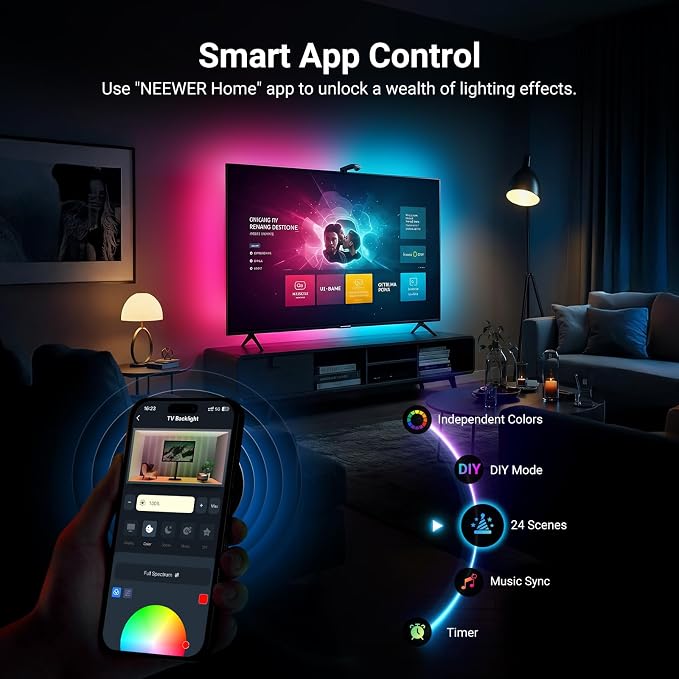 NEEWER Basics TV Backlight for 75"-85" Screens, 16ft/5m LED RGB Light Strips with Sensor Change with TV, Scheduled On/Off, Zero Delay Color Sync, Music Sync, 24 Scenes, Supports App Control, NS03