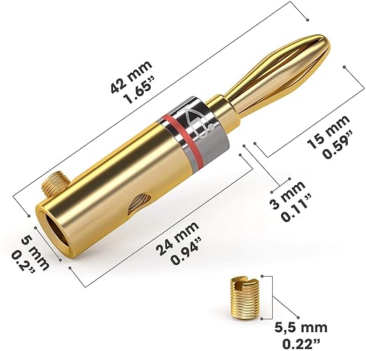 KabelDirekt – Banana Plugs – 10 Pairs (for Speaker Wire, AWG 10-16, Allow Flexible Connection to Speakers, amplifiers, A/V receivers, Power amplifiers & Stereo Systems, Fixing Screws, Gold Plated)