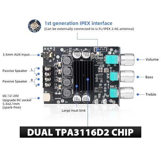 ZK-1002T Bluetooth 5.1 Amplifier Board, 100W+100W 2.0 CH Stereo Audio Amp Module with TPA3116D2 Chip, Treble & Bass Control, DIY Speakers Power Amp for Home Theater Speakers