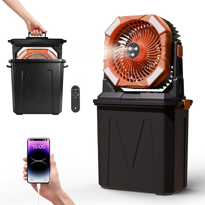 20000mAh Portable Misting Fan with 10L Large Water Bucket, 3-Speed Outdoor Floor Fan with Mist, USB Rechargeable Battery Powered Misting System for Patios, Camping, Beach, Golf and Picnic