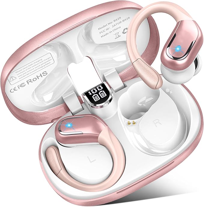 Wireless Earbuds, 75hrs Bluetooth 5.4 Headphone Sport, 2026 Bluetooth Earbuds Deep Bass Over Ear Buds with Earhooks, ENC Noise Cancelling Earphone Mic, IP7 Waterproof for Workout/Running/Gym Rose