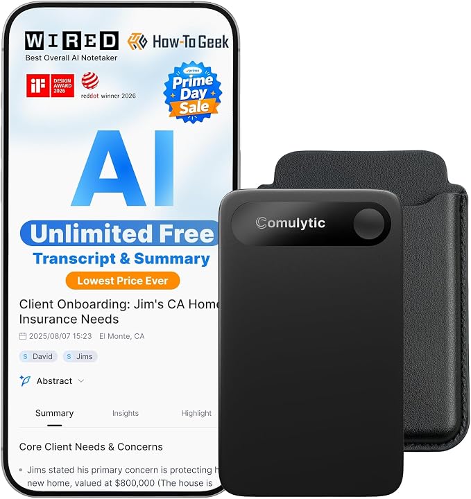 Comulytic Note Pro AI Voice Recorder, Unlimited Transcribe & Summarize, AI Note Taking Recording Device w/Case, App Control, 113 Languages for Calls, Meetings, Lectures, Interviews, Black