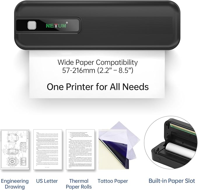 NETUM P801X Portable Thermal Printer, Wireless Bluetooth & Inkless, Smudge Free Printing, Supports 8.5"x11" US Letter & A4, for iOS, Android & PC, Home Office, Travel, Mobile Printing, Black