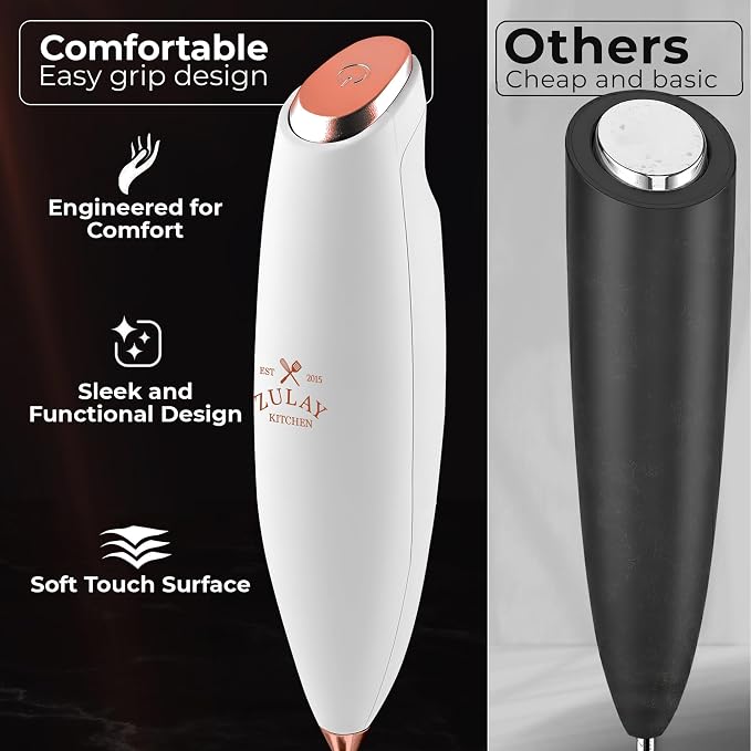 Zulay Kitchen Powerful Milk Frother Wand With Duracell Batteries - Ultra Fast Handheld Drink Mixer - Electric Whisk Foam Maker for Coffee, Lattes, Cappuccino & Matcha - Triple Whisk - Rose Gold