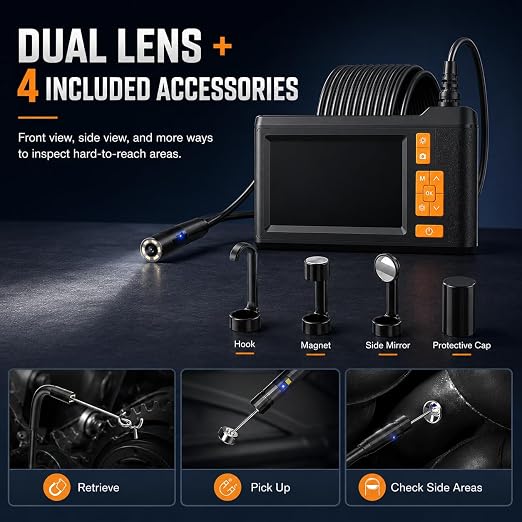 Dual Lens Borescope with 32GB Card, 4.3" Endoscope Camera with Light Support Free 1920*1080P Photo/Video, 16.4FT Semi-Rigid Inspection Snake Camera with IP67 Waterproof for Automotive, Engine & HVAC
