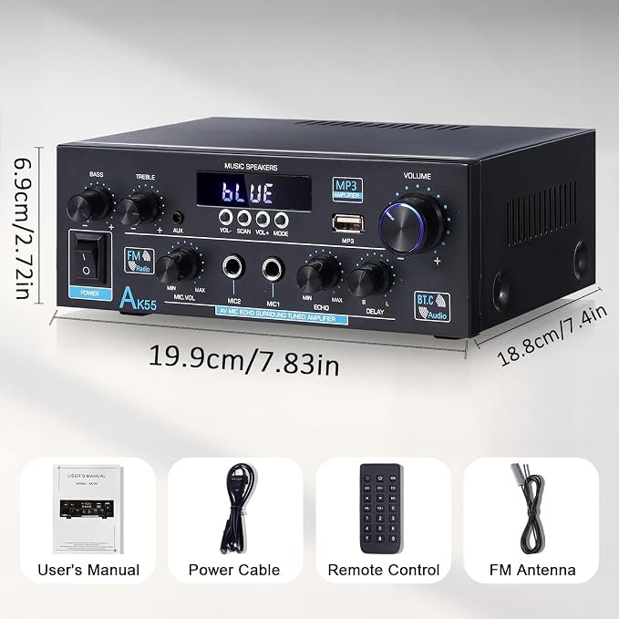 AK55 Stereo Amplifier Home Audio, Bluetooth 5.0 Max 600W Power Stereo Receivers 2.0 Channel Audio Amplifier for Speaker W/Remote Control/AUX/RCA/Echo/USB/2 MIC in for Home Party, Karaoke