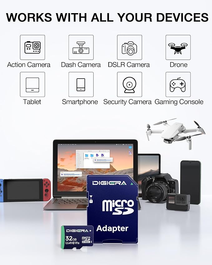 DIGIERA 32GB CT100 microSDHC UHS-I Memory Card with Adapter - up to 100MB/s, C10, U1, V10, Full HD, A1, Micro SD Card for Smartphones, Tablets, Cameras, Gaming Consoles, and Drones (3 Pack)