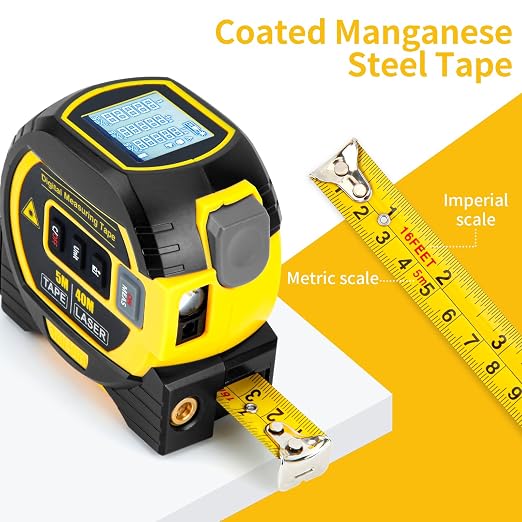 5m/16ft Digital Laser Tape Measure, WTWD 100m/328ft Laser Distance Measure with Cross-Line Laser Level, Area/Volume Calculator, Battery Powered, Voice Output, Backlit LCD, ft/in/m for Construction