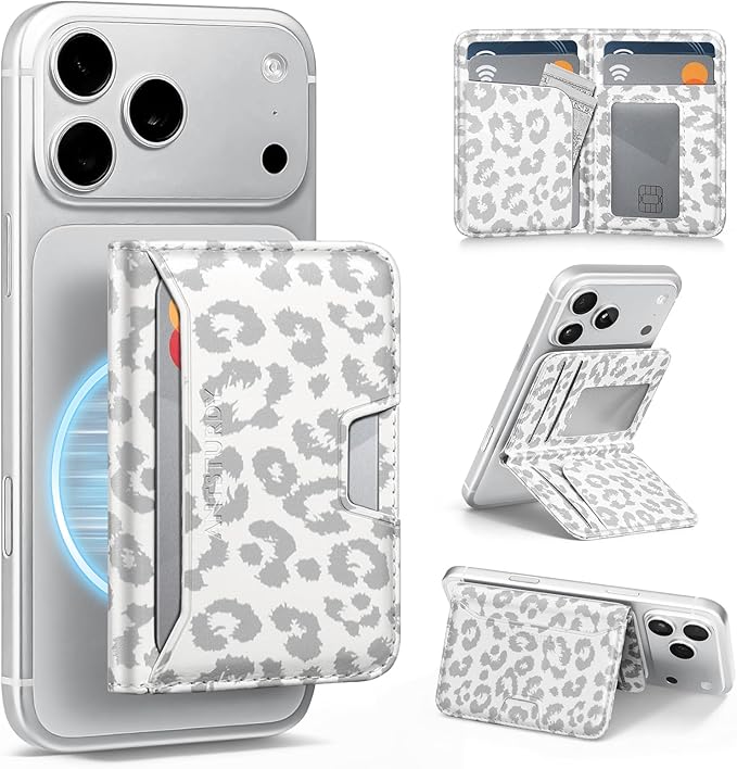 Antsturdy for Magsafe Wallet Stand with Holder,PU Leather RFID Blocking Card Holder,5 Card Slots,Strong Magnet Minimalist Flip Kickstand for iPhone 17/16/15/14/13/12/Pro/Max/Plus/Air,Leopard-White